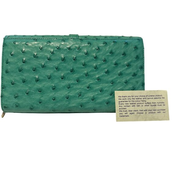 Lorenzi Genuine Ostrich Leather Womens Green Silver Hardware logo Purse - Picture 2 of 9